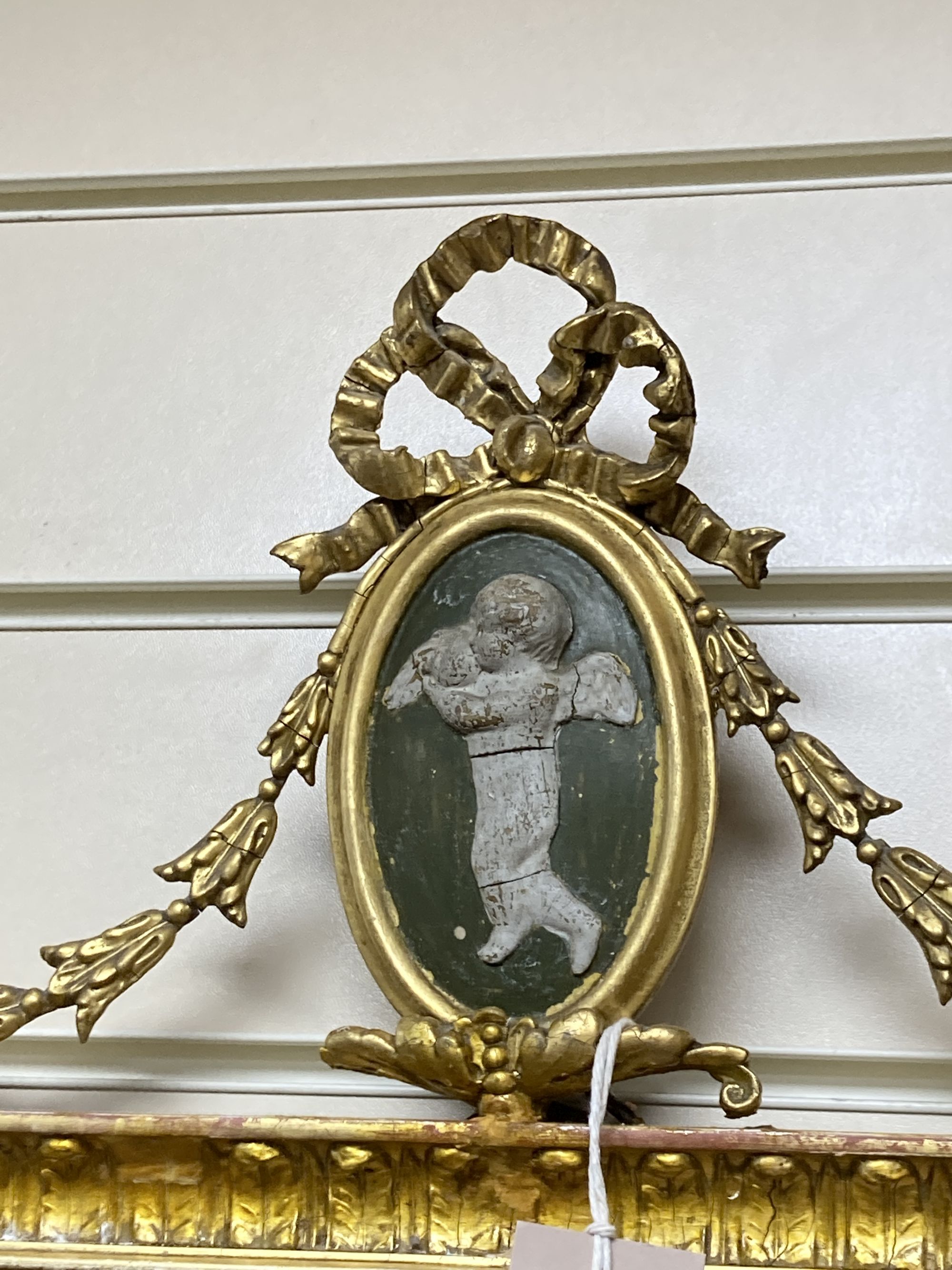 A 19th century giltwood and gesso rectangular chimney glass with faux jasperware pediment, width 44cm, height 93cm